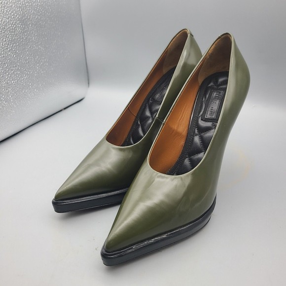 CELINE women heels pumps army green leather pointed toe SIZE US 5.5 EUR 36.5 - Picture 5 of 12